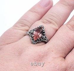 Sterling Pink Uranium Glass Ring Marquise Cut Filigree Patina 925 Silver