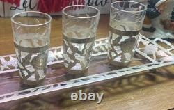 Sterling Silver925 &Floral Etch Glass 3.5x11 Tray, 4 Glasses. 3.5oz witho glass