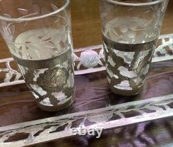 Sterling Silver925 &Floral Etch Glass 3.5x11 Tray, 4 Glasses. 3.5oz witho glass