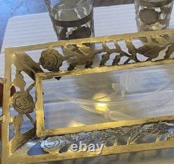 Sterling Silver925 &Floral Etch Glass 3.5x11 Tray, 4 Glasses. 3.5oz witho glass