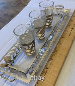 Sterling Silver925 &Floral Etch Glass 3.5x11 Tray, 4 Glasses. 3.5oz witho glass