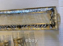 Sterling Silver925 &Floral Etch Glass 3.5x11 Tray, 4 Glasses. 3.5oz witho glass