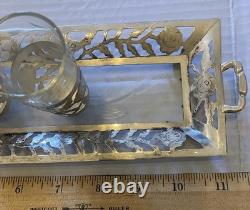 Sterling Silver925 &Floral Etch Glass 3.5x11 Tray, 4 Glasses. 3.5oz witho glass