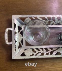 Sterling Silver925 &Floral Etch Glass 3.5x11 Tray, 4 Glasses. 3.5oz witho glass