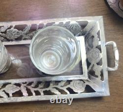 Sterling Silver925 &Floral Etch Glass 3.5x11 Tray, 4 Glasses. 3.5oz witho glass