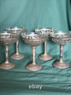 Sterling Silver 5 Overlay on Glass Compotes Vintage Hand Chased Foliate Design