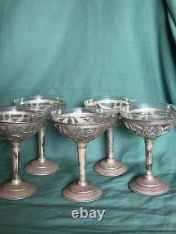 Sterling Silver 5 Overlay on Glass Compotes Vintage Hand Chased Foliate Design