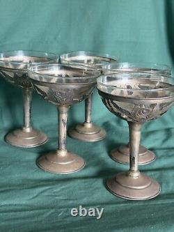Sterling Silver 5 Overlay on Glass Compotes Vintage Hand Chased Foliate Design