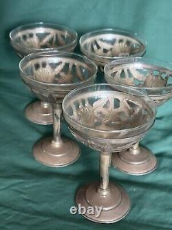 Sterling Silver 5 Overlay on Glass Compotes Vintage Hand Chased Foliate Design