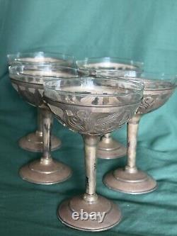 Sterling Silver 5 Overlay on Glass Compotes Vintage Hand Chased Foliate Design