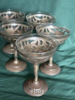 Sterling Silver 5 Overlay on Glass Compotes Vintage Hand Chased Foliate Design
