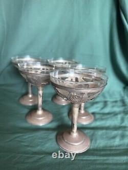 Sterling Silver 5 Overlay on Glass Compotes Vintage Hand Chased Foliate Design