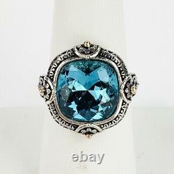 Sterling Silver 925 14KT Yellow Gold Accents Faceted Turquoise Glass Ring Size 8