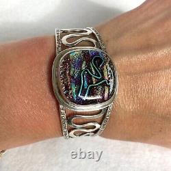 Sterling Silver 925 Artisan Carol Silrum Dichroic Glass Cuff Bracelet Sz 6.5