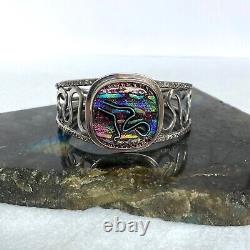 Sterling Silver 925 Artisan Carol Silrum Dichroic Glass Cuff Bracelet Sz 6.5