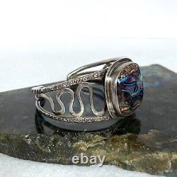 Sterling Silver 925 Artisan Carol Silrum Dichroic Glass Cuff Bracelet Sz 6.5