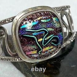 Sterling Silver 925 Artisan Carol Silrum Dichroic Glass Cuff Bracelet Sz 6.5