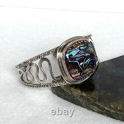Sterling Silver 925 Artisan Carol Silrum Dichroic Glass Cuff Bracelet Sz 6.5