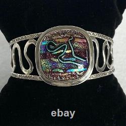 Sterling Silver 925 Artisan Carol Silrum Dichroic Glass Cuff Bracelet Sz 6.5
