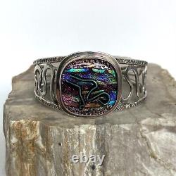 Sterling Silver 925 Artisan Carol Silrum Dichroic Glass Cuff Bracelet Sz 6.5