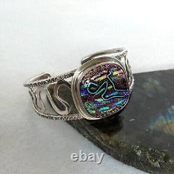 Sterling Silver 925 Artisan Carol Silrum Dichroic Glass Cuff Bracelet Sz 6.5