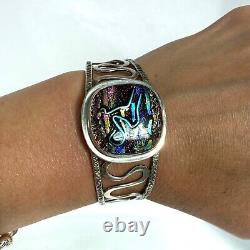 Sterling Silver 925 Artisan Carol Silrum Dichroic Glass Cuff Bracelet Sz 6.5