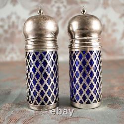 Sterling Silver 925 Blue Goblet Glass Antique Salt & Pepper Shakers