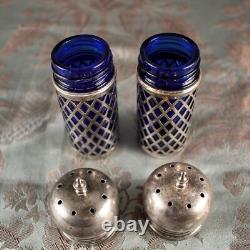 Sterling Silver 925 Blue Goblet Glass Antique Salt & Pepper Shakers