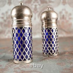 Sterling Silver 925 Blue Goblet Glass Antique Salt & Pepper Shakers
