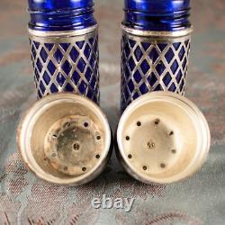 Sterling Silver 925 Blue Goblet Glass Antique Salt & Pepper Shakers