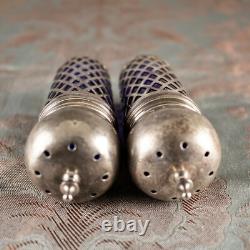 Sterling Silver 925 Blue Goblet Glass Antique Salt & Pepper Shakers