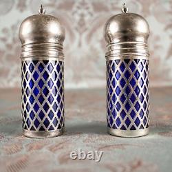 Sterling Silver 925 Blue Goblet Glass Antique Salt & Pepper Shakers