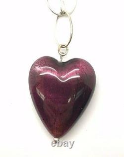 Sterling Silver 925 Chunky Heart Purple Foil Glass Oval Link Love Necklace 18'