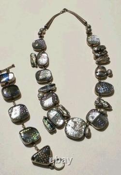 Sterling Silver 925 Dichroic Art Glass Necklace & Bracelet Set Statement Vtg 6oz