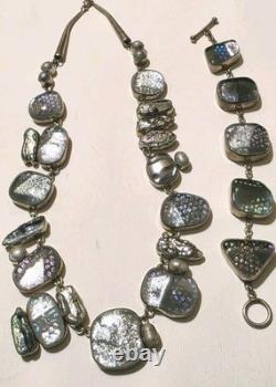 Sterling Silver 925 Dichroic Art Glass Necklace & Bracelet Set Statement Vtg 6oz