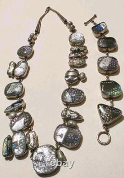 Sterling Silver 925 Dichroic Art Glass Necklace & Bracelet Set Statement Vtg 6oz
