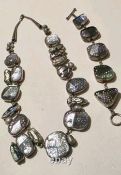 Sterling Silver 925 Dichroic Art Glass Necklace & Bracelet Set Statement Vtg 6oz