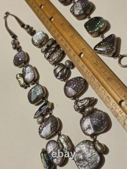 Sterling Silver 925 Dichroic Art Glass Necklace & Bracelet Set Statement Vtg 6oz