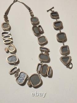 Sterling Silver 925 Dichroic Art Glass Necklace & Bracelet Set Statement Vtg 6oz