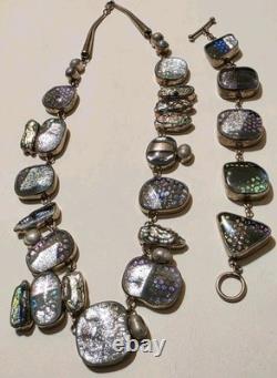 Sterling Silver 925 Dichroic Art Glass Necklace & Bracelet Set Statement Vtg 6oz