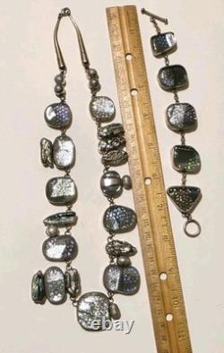 Sterling Silver 925 Dichroic Art Glass Necklace & Bracelet Set Statement Vtg 6oz