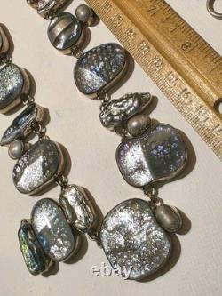 Sterling Silver 925 Dichroic Art Glass Necklace & Bracelet Set Statement Vtg 6oz