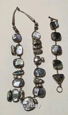 Sterling Silver 925 Dichroic Art Glass Necklace & Bracelet Set Statement Vtg 6oz