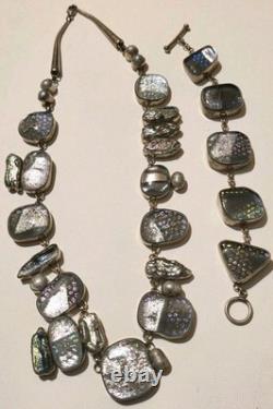 Sterling Silver 925 Dichroic Art Glass Necklace & Bracelet Set Statement Vtg 6oz