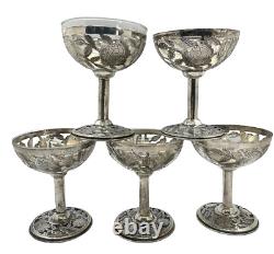 Sterling Silver 925 Filagree Leaf Overlay Wine Glasses Set of 5 withglass inserts