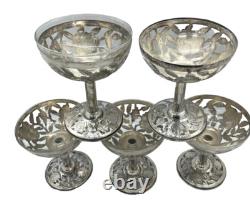 Sterling Silver 925 Filagree Leaf Overlay Wine Glasses Set of 5 withglass inserts