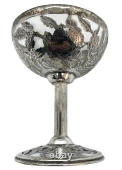 Sterling Silver 925 Filagree Leaf Overlay Wine Glasses Set of 5 withglass inserts