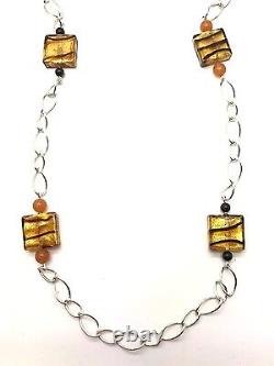 Sterling Silver 925 Gold Orange Square Foil Glass Chalcedony Necklace 18'