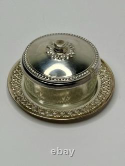 Sterling Silver 925 Honey Jar w Lid Glass Base Art Nouveau