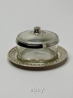 Sterling Silver 925 Honey Jar w Lid Glass Base Art Nouveau